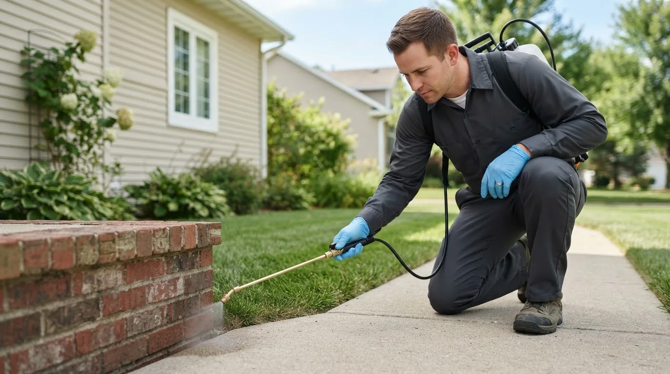 Pest control technician treating a home near Mikana, WI