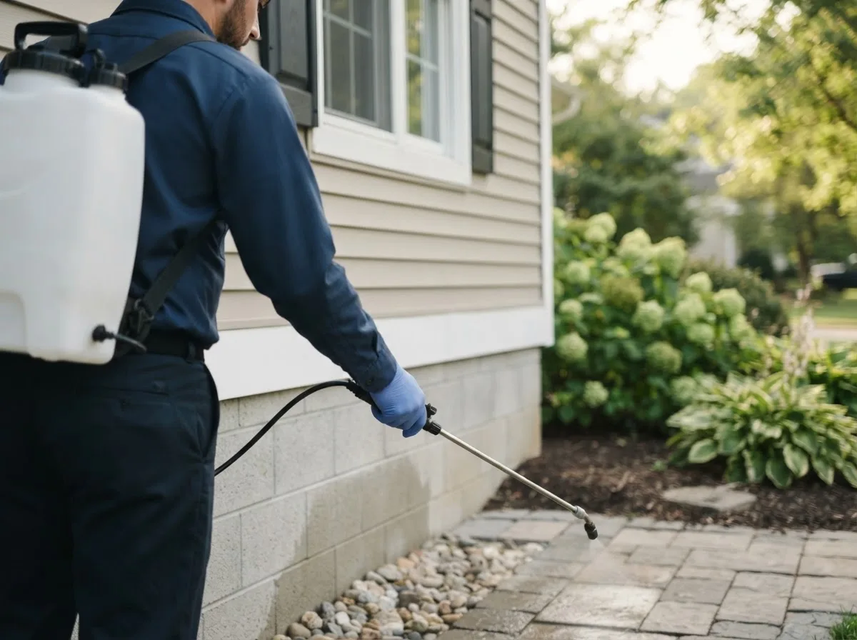 Pest control technician inspecting a home in Mikana, WI